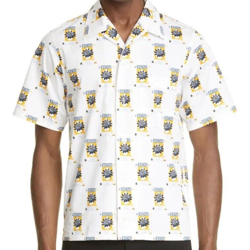 KENZO Paris Rice Bag Print Button Down White Shirt Pocket Peru Size M Short RARE